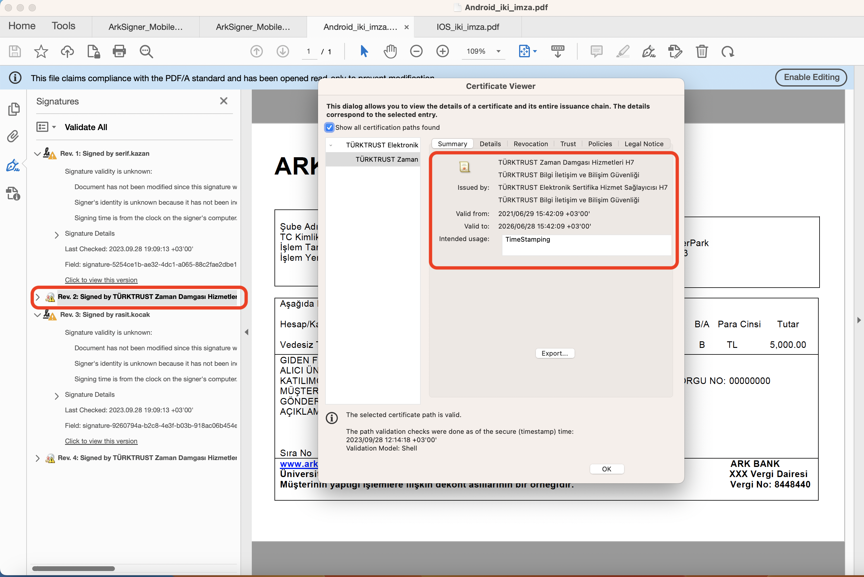 PDF sertifika detayları görüntüleme ekranı