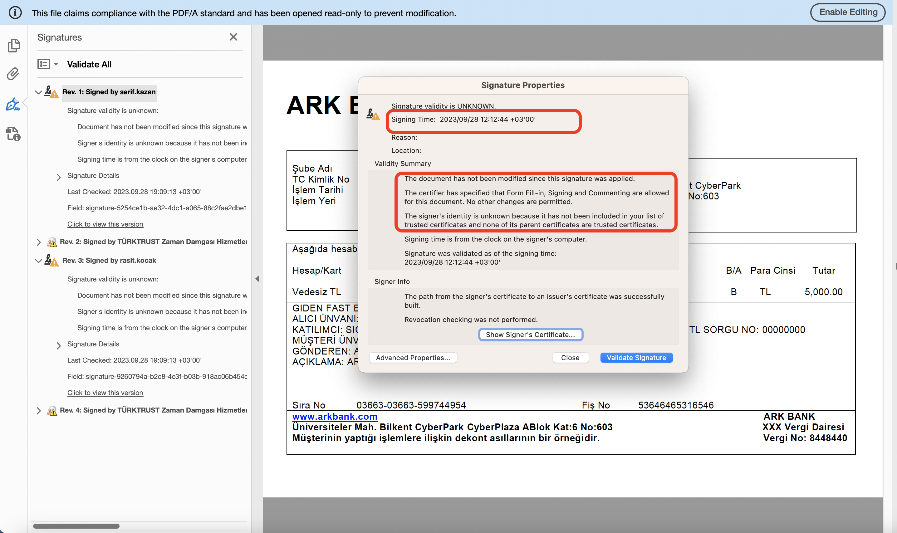 PDF zaman damgası sertifika ayrıntıları