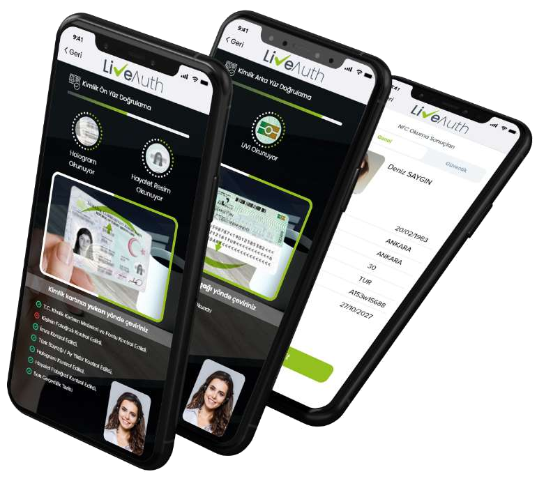LiveAuth mobil dijital finans kimlik doğrulama ekranları
